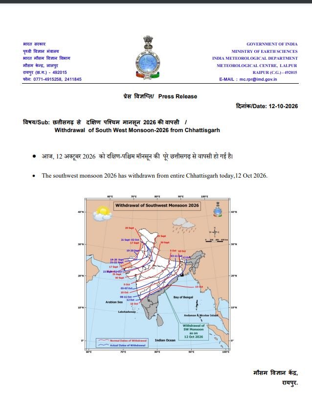 मानसून अगले साल तक के लिए आज छत्तीसगढ़ से वापस हो गया