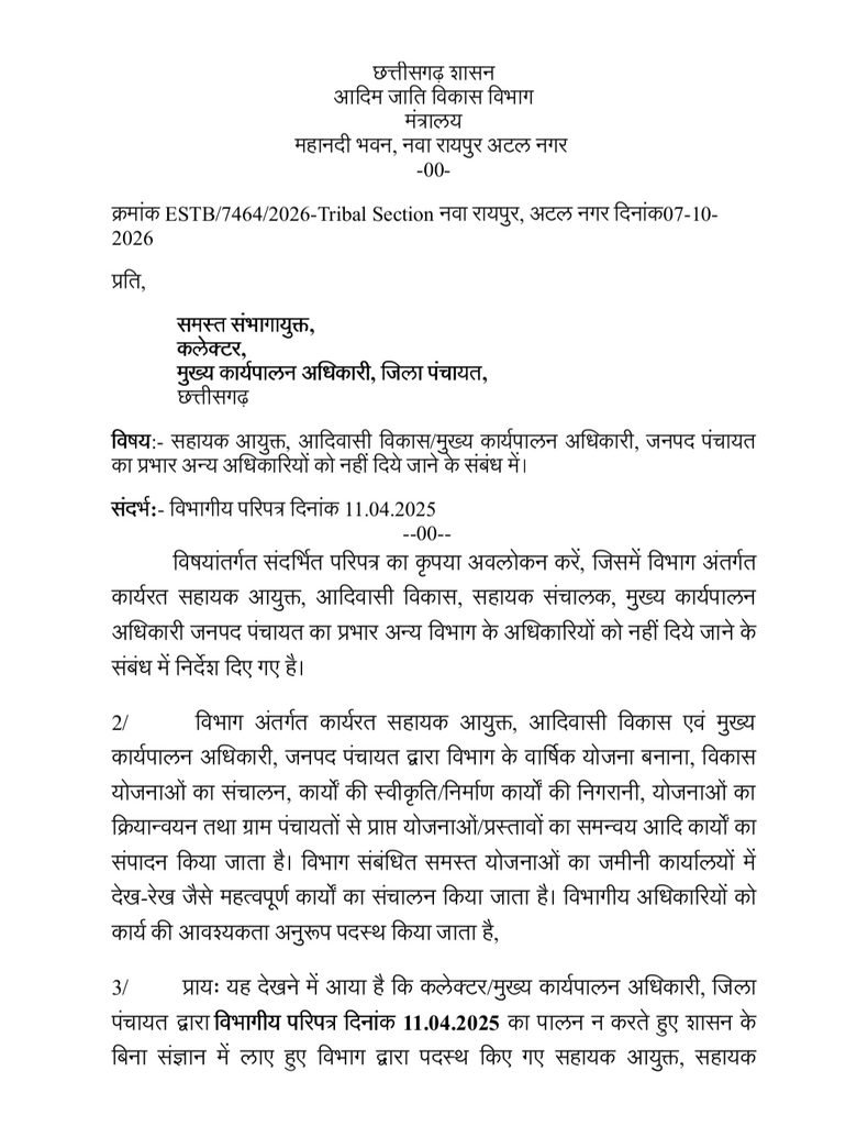 छत्तीसगढ़ में सहायक आयुक्त और जनपद CEO का प्रभार दूसरे विभाग के अधिकारियों को नहीं दे सकेंगे कलेक्टर, अवर सचिव ने जारी किए निर्देश