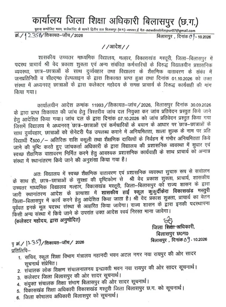 मल्हार स्कूल मामले में कार्रवाई, प्राचार्य सहित तीन शिक्षक हटाए गए।